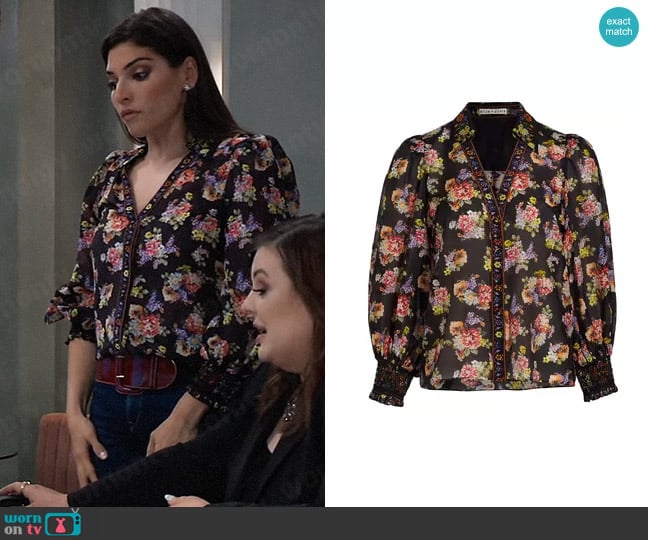 Alice + Olivia Cosima Top in Magnolia Floral Black worn by Brook Lynn Quartermaine (Amanda Setton) on General Hospital