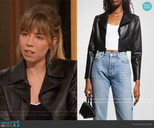 Alice + Olivia Yardley Vegan Leather Cropped Jacket worn by Jennette McCurdy on The Drew Barrymore Show