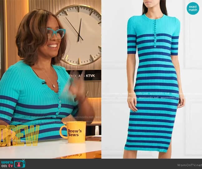 Altuzarra Sunday Striped Ribbed Stretch-Knit Dress worn by Gayle King on The Drew Barrymore Show