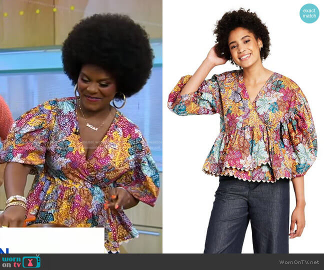 Kika Vargas x Target Anemone Floral Scallop Edge Wrap Top worn by Tabitha Brwon on Good Morning America