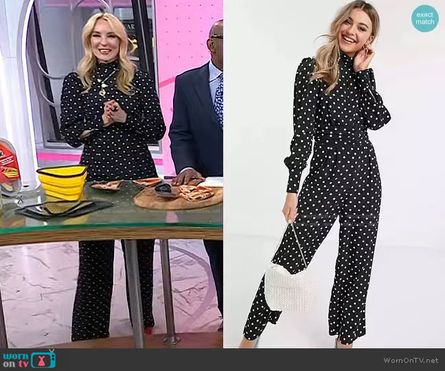 Asos Ruched Waist Detail Jumpsuit in dot print worn by Chassie Post on Today