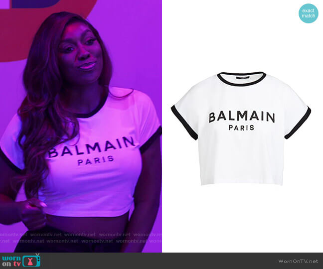 Balmain Cropped Printed Logo T-Shirt worn by Wendy Osefo on The Real Housewives of Potomac