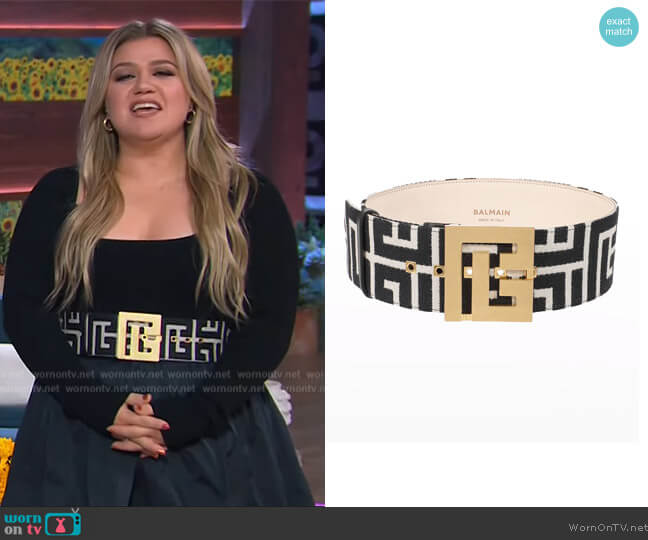 Maxi Monogram Jacquard Buckle Belt by Balmain worn by Kelly Clarkson on The Kelly Clarkson Show