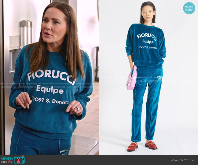Fiorucci Equipe Logo Velour Sweatshirt worn by Meredith Marks on The Real Housewives of Salt Lake City