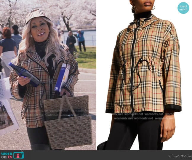 Burberry Bacton Hooded Check Logo Coat worn by Karen Huger on The Real Housewives of Potomac