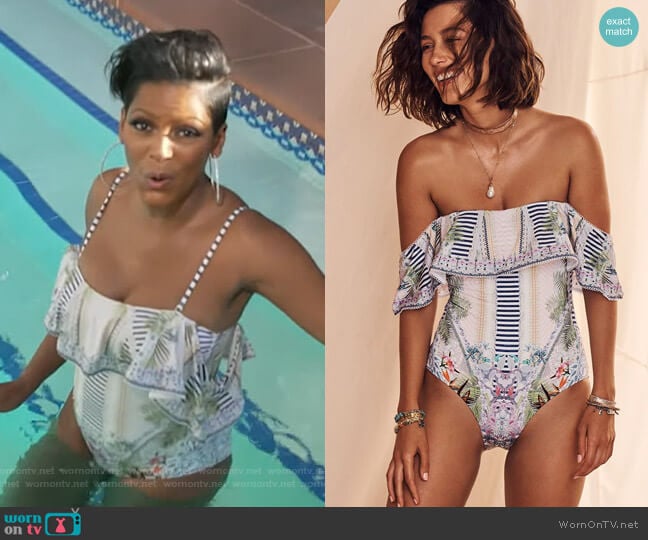 Dolce and Gabbana Off Shoulder Frill One Piece worn by Tamron Hall on Tamron Hall Show