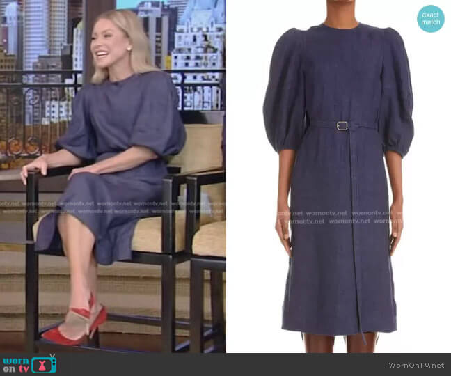 Chloe Balloon Sleeve Belted Linen Drill Dress worn by Kelly Ripa on Live with Kelly and Ryan