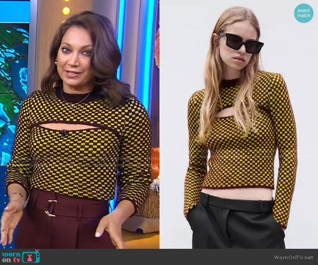 Zara Cut Out Jacquard Top worn by Ginger Zee on Good Morning America