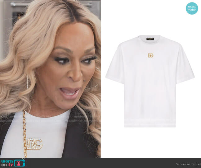 Dolce and Gabbana Jersey T-shirt with crystal DG embellishment worn by Karen Huger on The Real Housewives of Potomac