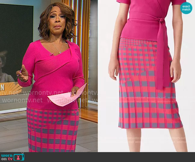 DVF Rosa Skirt in Pink Gray Gingham worn by Gayle King on CBS Mornings