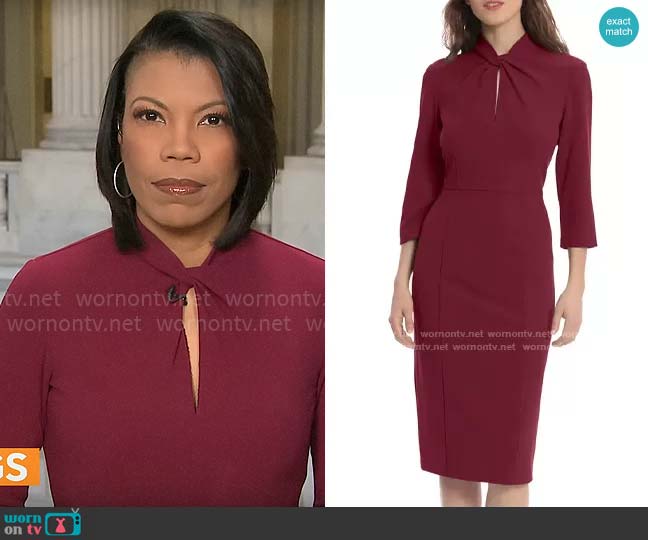 Donna Morgan Crepe Three-Quarter Sleeve Sheath Dress in Arresting Burgundy worn by Nikole Killion on CBS Mornings