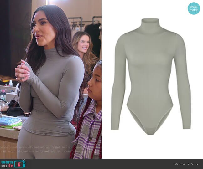Skims Essential Mock Neck Long Sleeve Bodysuit worn by Kim Kardashian (Kim Kardashian) on The Kardashians