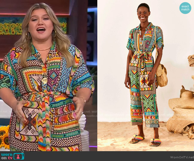 Farm Rio Banana Scarves Belted Jumpsuit worn by Kelly Clarkson on The Kelly Clarkson Show