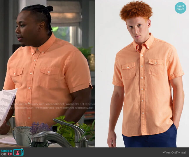 Ben Sherman Garment Dye Short-Sleeve Linen Shirt in Washed Orange worn by Marty (Marcel Spears) on The Neighborhood