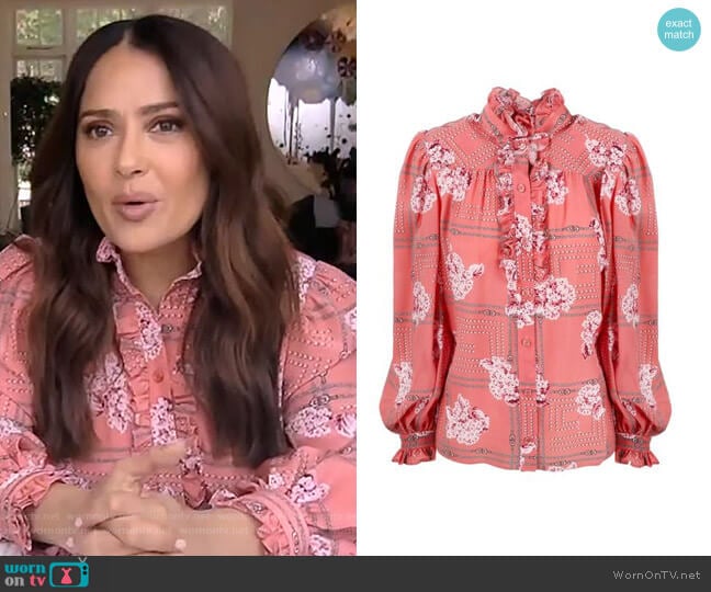 Gucci Silk Ruffle Shirt worn by Salma Hayek on The Drew Barrymore Show