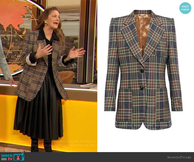 Gucci Single-breasted check silk-mouline jacket worn by Drew Barrymore on The Drew Barrymore Show