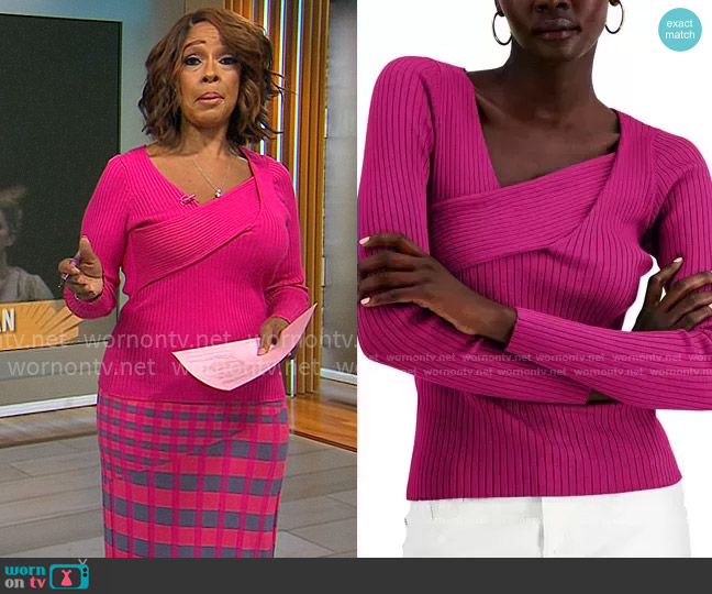 INC International Concepts Asymmetrical Rib Sweater in Jazzy Pink worn by Gayle King on CBS Mornings