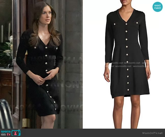 Karl Lagerfeld Faux Pearl Button Knit Dress worn by Willow Tait (Katelyn MacMullen) on General Hospital