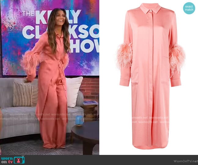 LaPointe Feather-trim Buttoned Shirt Dress worn by Camila Alves on The Kelly Clarkson Show