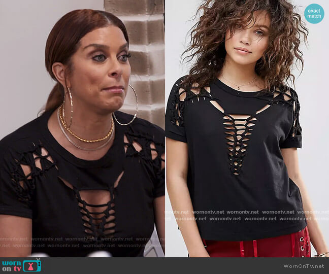Lasula by ASOS Shredded Front T-Shirt worn by Robyn Dixon on The Real Housewives of Potomac