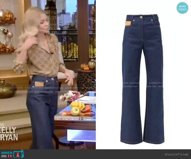 Paco Rabanne Leather-Patch High-Rise Flared Jeans worn by Kelly Ripa on Live with Kelly and Ryan