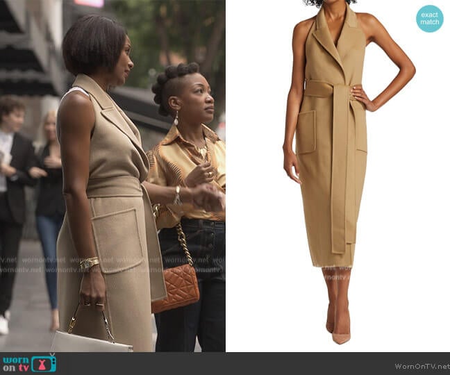 Michael Kors Belted Wool-Blend Halter Wrap Dress worn by Jax Stewart (Emayatzy Corinealdi) on Reasonable Doubt