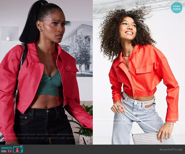 ASOS Missyempire boxy cropped jacket in tomato red worn by Simone (Geffri Hightower) on All American Homecoming