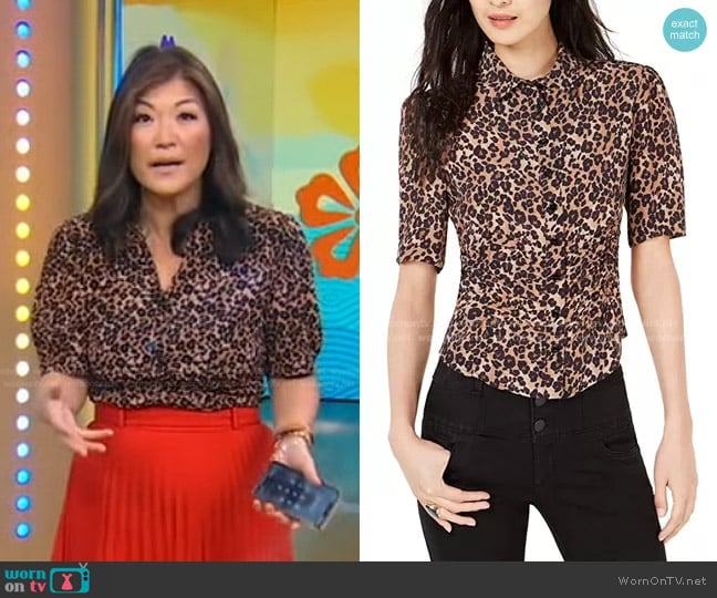 Nanette Lepore Leopard Print Button Down Blouse worn by Juju Chang on Good Morning America