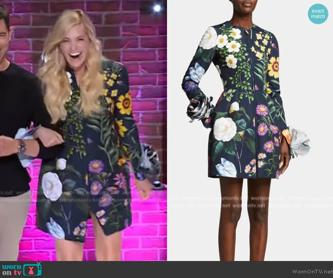 Oscar de la Renta Floral-Print Rosette-Cuff Mini Dress worn by Beth Behr on The Kelly Clarkson Show