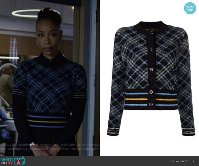 Pinko Check-pattern cropped knitted cardigan worn by Carmen Moyo (Charmaine Bingwa) on The Good Fight