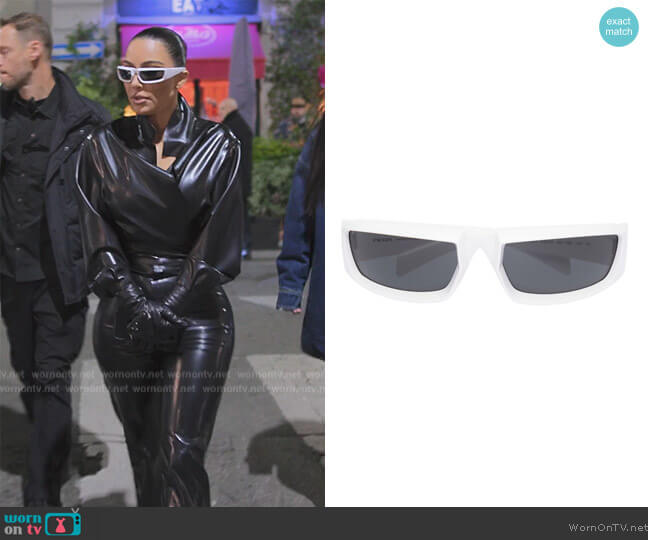 Logo square-frame sunglasses by Prada worn by Kim Kardashian (Kim Kardashian) on The Kardashians