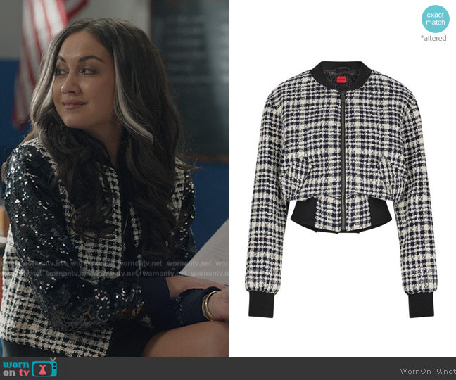 Hugo Boss Relaxed Fit Jacket in Checked Cotton Blend Boucl worn by Cindy Burman (Meg DeLacy) on Stargirl