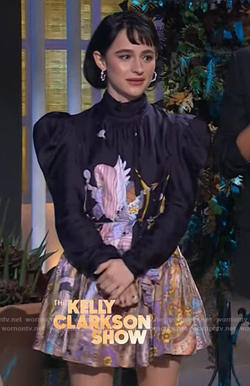 Sophia Anne Caruso’s black printed mini dress on The Kelly Clarkson Show