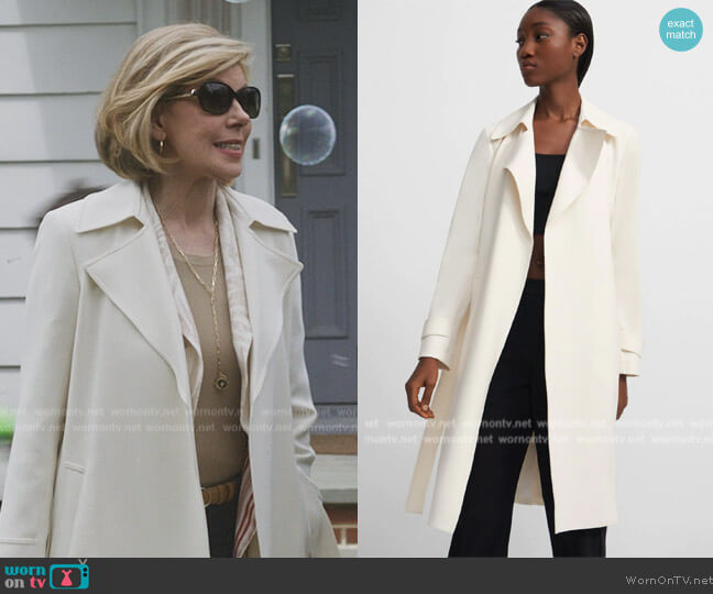 Theory Oaklane Trench Coat in Admiral Crepe worn by Diane Lockhart (Christine Baranski) on The Good Fight