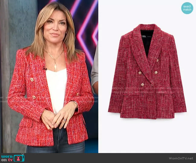 Zara Double Breasted Textured Weave Jacket worn by Kit Hoover on Access Hollywood