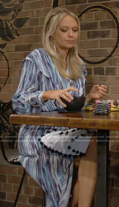 Abby’s blue brushstroke print wrap dress on The Young and the Restless