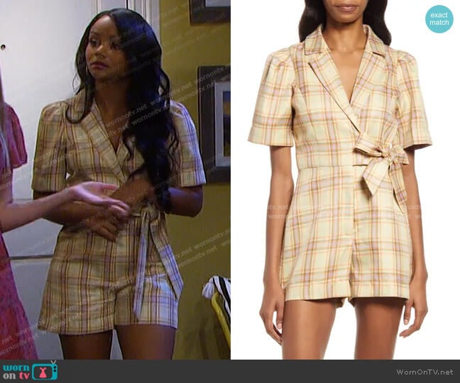 Adelyn Rae Kerrie Plaid Romper worn by Chanel Dupree (Raven Bowens) on Days of our Lives