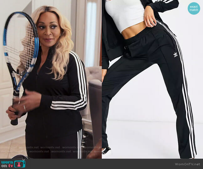 Adidas Adicolor firebird track pants in black worn by Karen Huger on The Real Housewives of Potomac