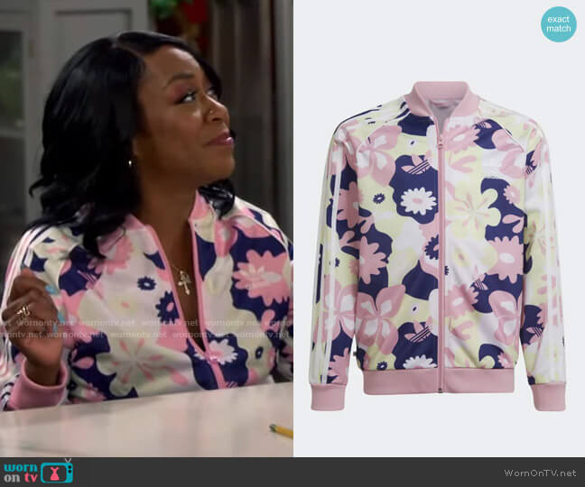 Adidas Allover Flower Track Jacket worn by Tina Butler (Tichina Arnold) on The Neighborhood