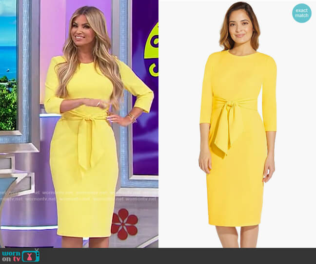 Adrianna Papell Knit Crepe Tie Waist Sheath Dress in Canary Yellow worn by Amber Lancaster on The Price is Right
