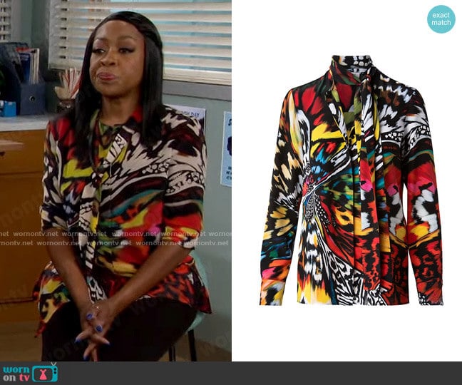 Akris Punto Printed Tie Neck Blouse worn by Tina Butler (Tichina Arnold) on The Neighborhood