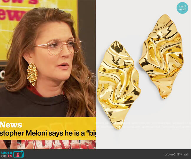 Alexis Bittar Crumpled Gold Large Post Earrings worn by Drew Barrymore on The Drew Barrymore Show