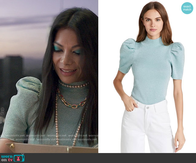 Alice + Olivia Issa Pullover in Waterfall worn by Nikki Ramos (Ginger Gonzaga) on She-Hulk Attorney at Law