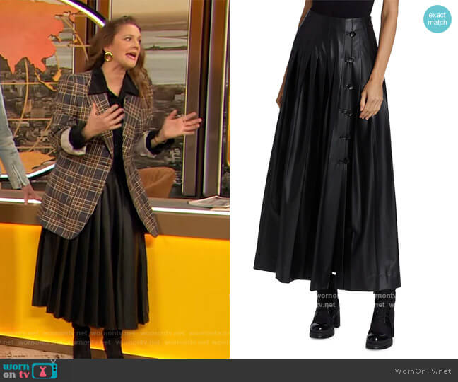 Altuzarra Tullius button-detailed pleated faux leather midi skirt worn by Drew Barrymore on The Drew Barrymore Show