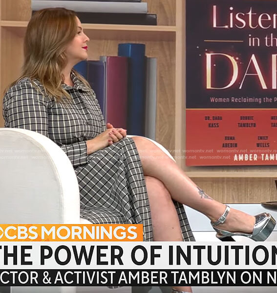 Amber Tamblyn's grey checked shirtdress on CBS Mornings
