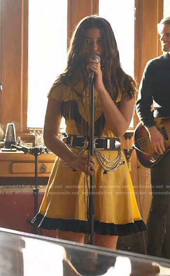 Ana's yellow fringed shirtdress on Monarch