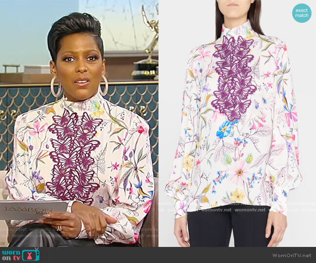 Andrew GN Floral-Print Butterfly Applique Silk Blouse worn by Tamron Hall on Tamron Hall Show