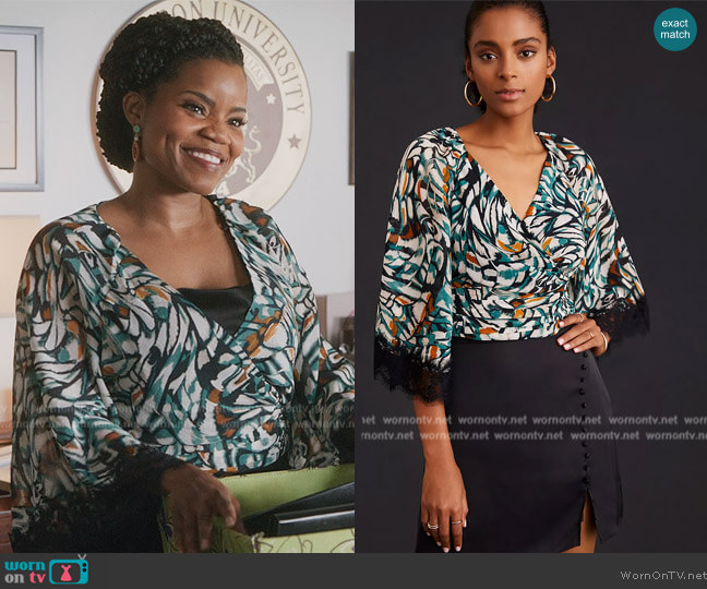 Anthropologie Flutter-Sleeve Wrap Top worn by Amara Patterson (Kelly Jenrette) on All American Homecoming