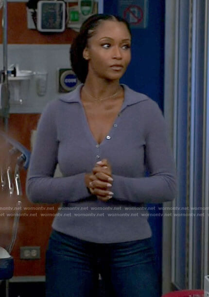 April’s purple polo sweater on Chicago Med