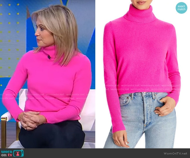 Aqua Cashmere Turtleneck Sweater in Neon Pink worn by Amy Robach on Good Morning America